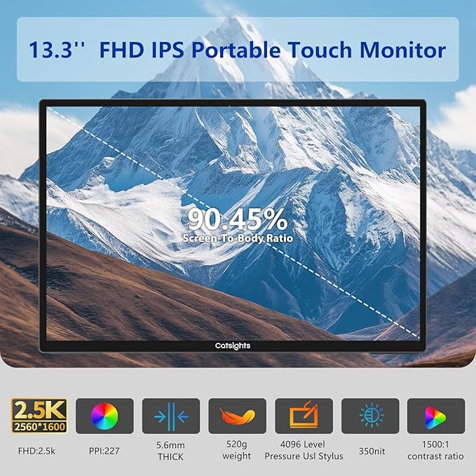 Portable Monitor Touchscreen for Mac 13.3 2.5K Touch Screen Monitor with Protective Sleeve USB-C Plug &amp Play 1500:1 0.22 Ultra-Thin Laptop Screen Extender for Mac Laptop PC Switch