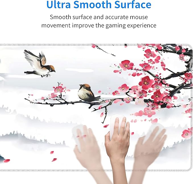 Japanese Pagoda Cherry Blossom Gaming Mouse Pad XL Birds Sakura Branch Mountain Extended Large Desk Cover Table Mat Non-Slip Rubber Base Stitched Edge Long Keyboard Playmat for Gamer31.5×11.8 in