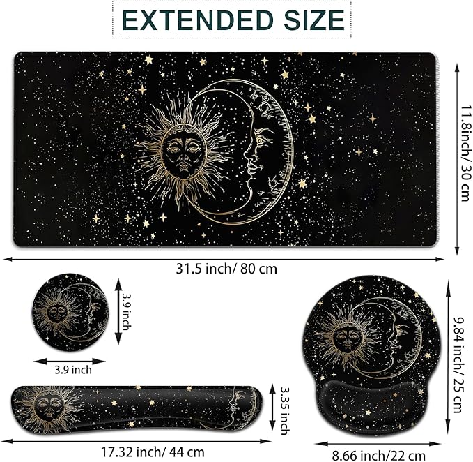Large Mouse Pad Ergonomic Mouse Pad with Wrist Rest and Keyboard Wrist Rest 4 in 1 Set 31.5 x11.8 inch Extended Desk Pad for Home Office Funy Sun Moon Star Black Pattern XXL Black Gaming Mouse Mat