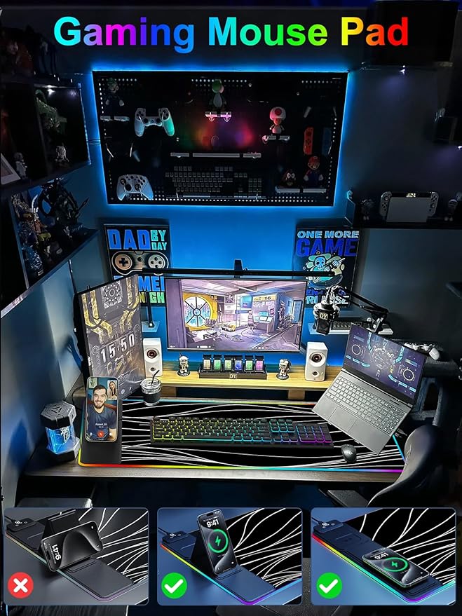 XXL Mouse Pad with Foldable Phone Holder - Black RGB Desk Mat with 15W Fast Charging LED Gaming Mousepad with 11 Light Colors Waterproof Non-Slip Pad (Stand XXL RGB Wavy)