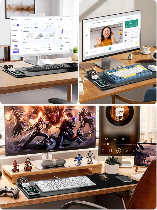 4-in-1 Mouse Pad with Magnetic Wireless Charging 31.5x15.8 Large Desk Mat for Laptop/Keyboard Waterproof Smooth Surface Non-Slip Base with Adapter