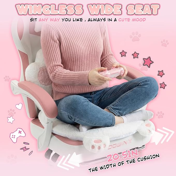Dowinx Gaming Chair with Cat Ears and Paw Lumbar Pillow Ergonomic Reclining Chair Memory Foam and Spring Cushion Footrest 300lbs Capacity Cute and Comfortable Design for Women &amp Girls