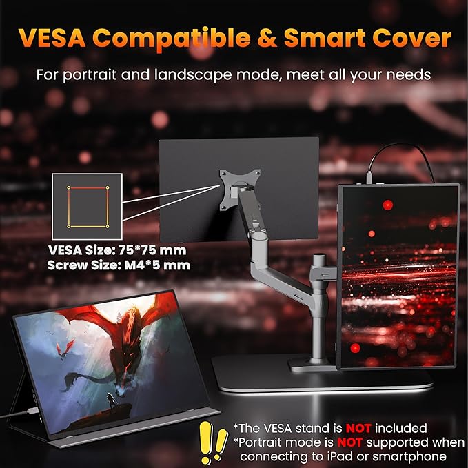 Portable Monitor 16 inch 2K QHD 2560X1600 450 Nits 106% sRGB 144 Hz HDR HDMI USB-C Travel Monitor for Laptop Mac PC Surface PS5 Xbox External Display with Cover &amp Speakers VESA Compatible