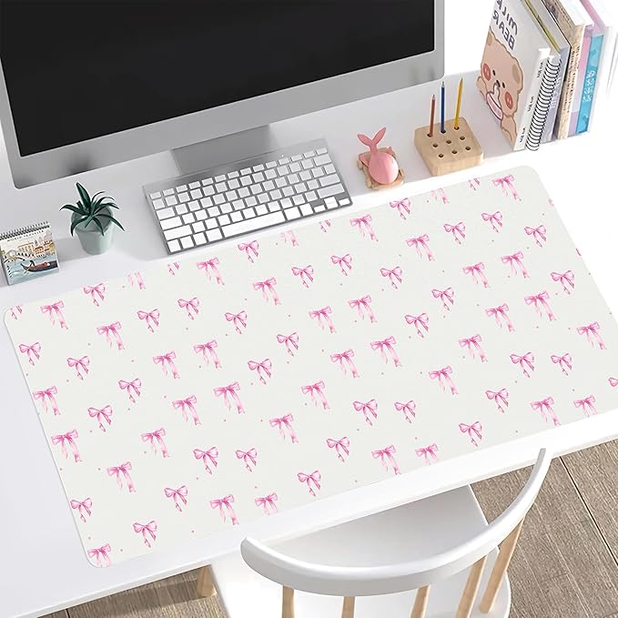 Idocolors Pink Bows Desk Mat Cute Extended Gaming Keyboard Mouse Pad Large Office Desk Cover Mat Pad Deskmat Non-Slip Leather Home Office Desk Mat Protector 27.6x13.8