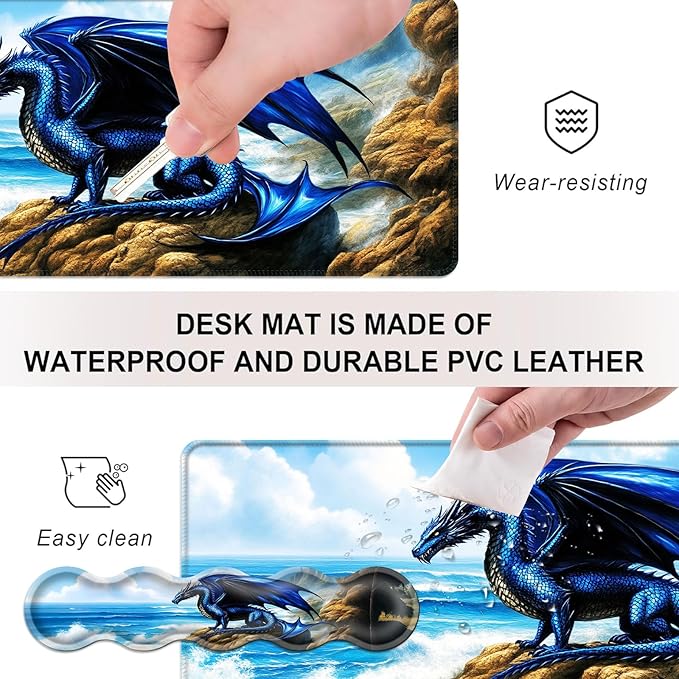 Mouse PadLarge Desk Mat Set 4in1 XL Mousepad + Keyboard Wrist Rest+Mouse Wrist Rest+Coaster with Ergonomic Desk Pad for Home Office Table Computer Cover -Blue Dragon on Seaside Rocks