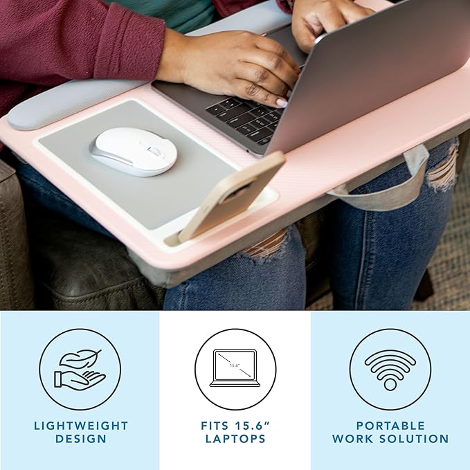 LAPGEAR Home Office Pro Lap Desk with Wrist Rest Mouse Pad and Phone Holder - Pink - Fits up to 15.6 Inch Laptops - Style No. 91604