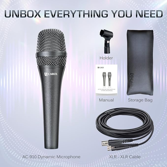 CAROL AC-910 XLR Wired Vocal Microphone – Dynamic Cardioid Mic with Dual-Engine AHNC Noise Cancelling Tech for Singing Karaoke Stage &amp Studio Includes Microphone Mic Clip &amp 14.8ft XLR Cabl