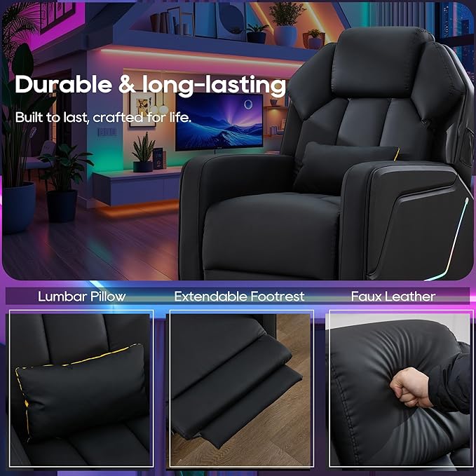 TUNYI Gaming Recliner Chair Racing Style Push-Back Reclining Sofa with Colorful LED Ergonomic Home Theater Seating Video Game Sofa for Gaming Room Living Room (Black)