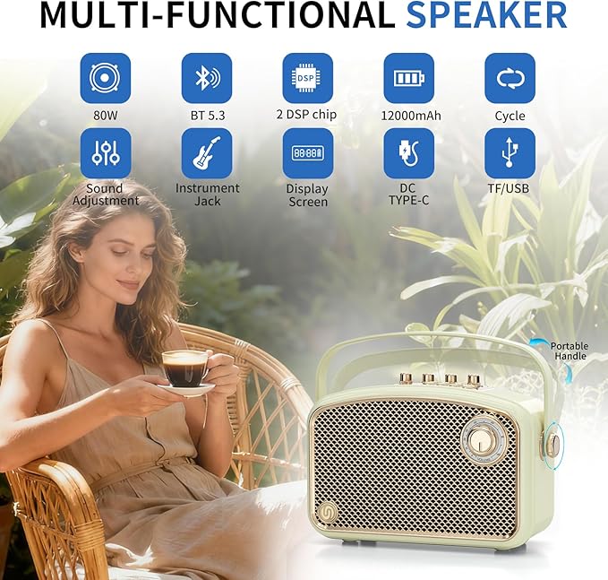 Bluetooth Speaker 120W Peak Powerful Retro Wireless Hi-Fi Loud Speakers with Deep Bass Dual DSP Chips Portable Boombox for Home Room Office Decor Camping Party Festival Gifts Christmas Events