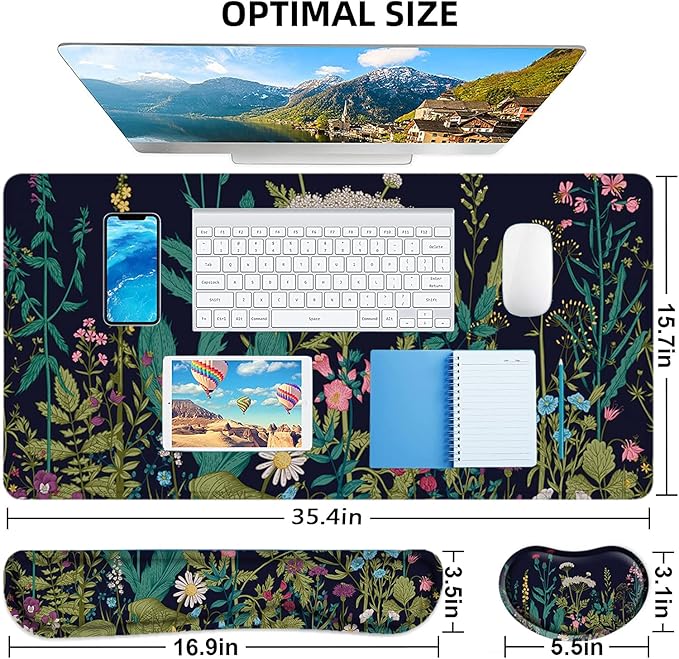 LATEEFAH Desk Mat Mouse Pad with Wrist Rest 4-in-1 Large Mouse Pads for Desk Ergonomic Mouse Pad and Keyboard Wrist Rest Gaming Keyboard Mat for Office Home
