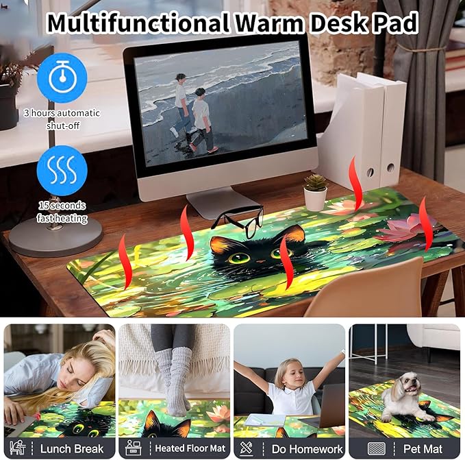 Warm Desk PadHeated Desk PadOffice Mat3 Heating Levels &amp 3 Hours Auto Shut-Off31.5*13 Gaming Mouse Laptop Keyboard Leather Desk MatCartoon Lotus Cat