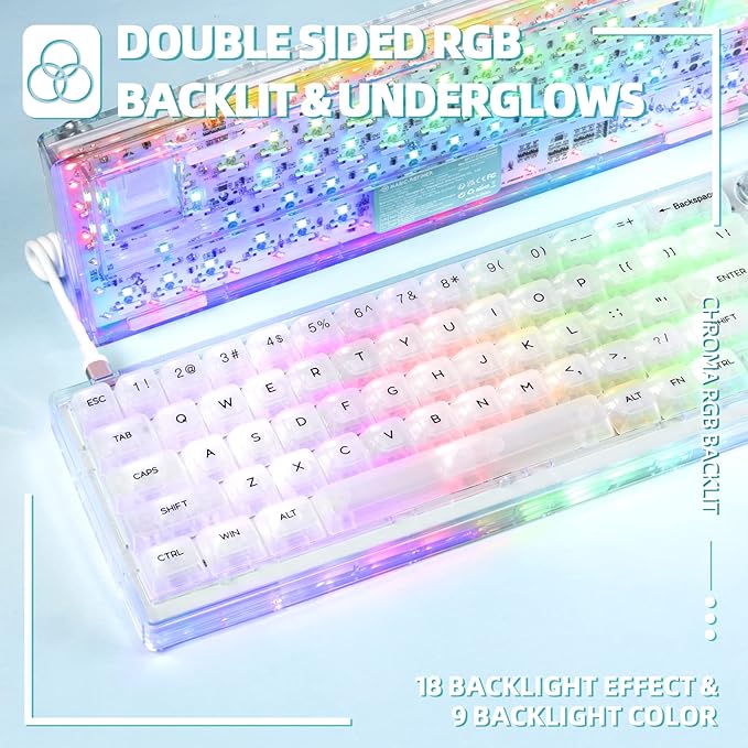 65% Hot-Swap Wired Mechanical Gaming Keyboard Programmable with Transparent 66 Key Full Side RGB OWERTY Linear Ice White Switch Custom Coiled C to A Cable Media Knob 2-IN-1 Case for WIN/PC/MAC(White)