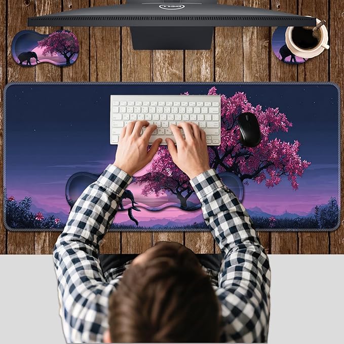 Ergonomic Keyboard Wrist Rest &amp Mouse Pad Wrist Rest SetXL Gaming Desk Mat 31.5x 11.8Non-Slip BaseMemory FoamEasy Typing Pain Relief for Office &amp HomeBlack Elephant Pink Tree