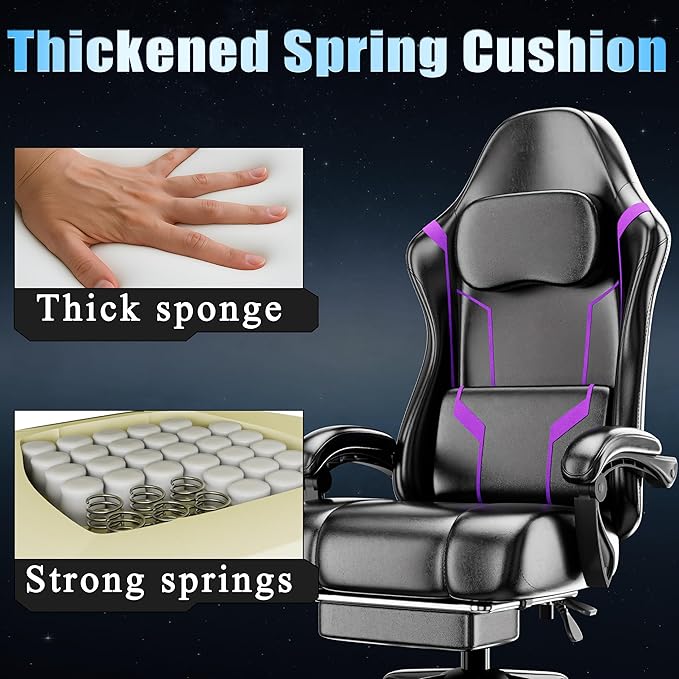 Ergonomic Gaming Chair Video Game Chair with Pocket Spring Cushion and Footrest Height Adjustable Computer Chair with Swivel Seat and Headrest (Purple)
