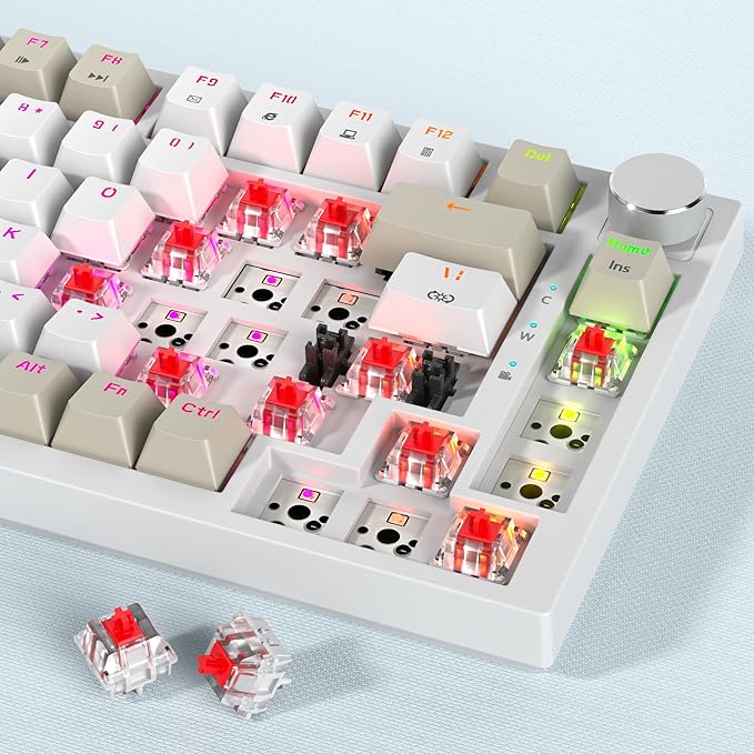 Owpkeenthy 75% Keyboard 82 Key Gasket Mounted Mechanical Gaming Wired RGB Backlit NKRO Compact Hot Swappable Keyboard with Volume Knob for PC Laptop (82 Gray White)