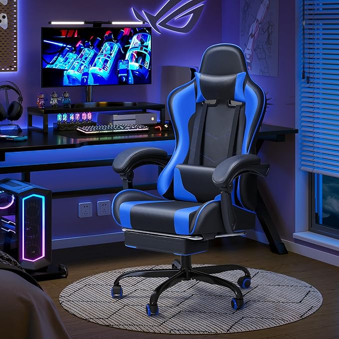 JUMMICO Gaming Chair Ergonomic Computer Chair with Footrest and Massage Lumbar Support Height Adjustable Video Gaming Chair with 360° Swivel Seat and Headrest (Blue)