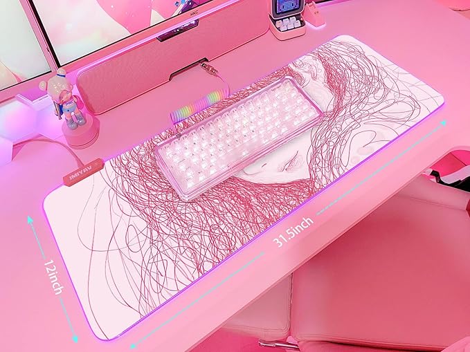 JMIYAV Pink RGB Gaming Mouse Pad 31.5x12 Inch PC XL Large Extended Glowing Led Light Up Desk Pad Non-Slip Rubber Base Computer Cute Mousepad Mat Desk Accessories Gaming Setup 39-9671
