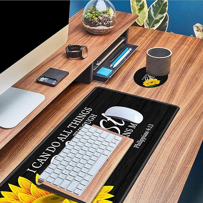 Desk Pad Mat Large Mouse Pad XL Extended Mousepad Gaming with Sunflower Bible 31.5 *11.8 Huge Mouse Pads for Computer Laptop Home Office + Cup Coaster