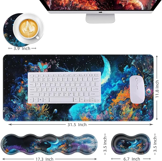 Mouse PadLarge Desk Mat Set 4in1 XL Mousepad + Keyboard Wrist Rest+Mouse Wrist Rest+Coaster with Ergonomic Desk Pad for Home Office Table Computer Cover -Cosmic Black Cat and Moon