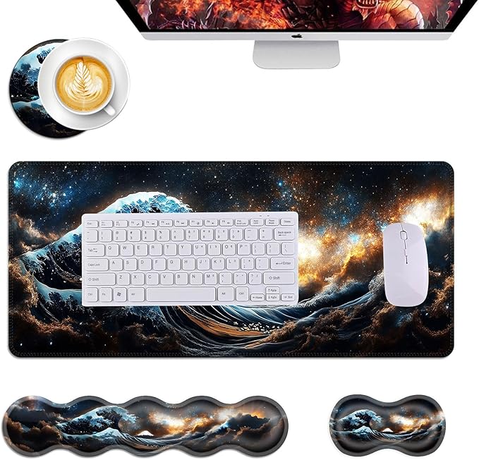 Mouse PadLarge Desk Mat Set 4in1 XL Mousepad + Keyboard Wrist Rest+Mouse Wrist Rest+Coaster with Ergonomic Desk Pad for Home Office Table Computer Cover -Starry Night Great Wave