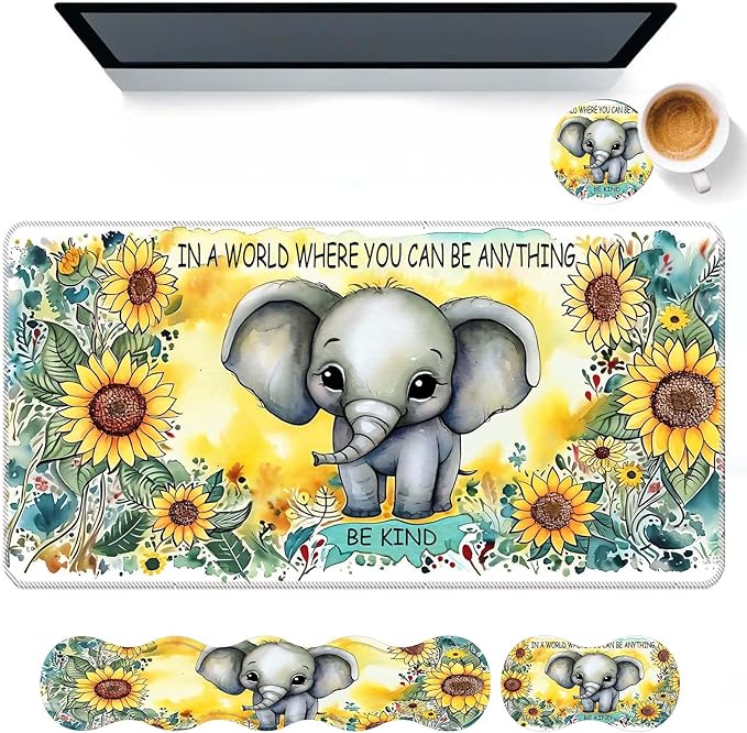 Keyboard Mouse Pad SetLarge Desk Pad+Keyboard Wrist Rest+Mouse Pad Wrist Support+CoasterEasy Typing Pain Relief Non-Slip Mousepad Wrist Support Mousepad Set Home OfficeSunflower Elephant