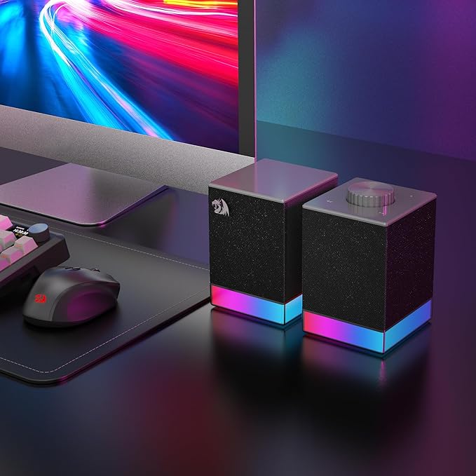Redragon GS517 RGB Computer Speaker - 2.0 Stereo Sound System with BT &amp USB Dual Connectivity 8 RGB Lighting Effects Touch Controls &amp Volume Knob - Perfect for Gaming &amp Multimedia