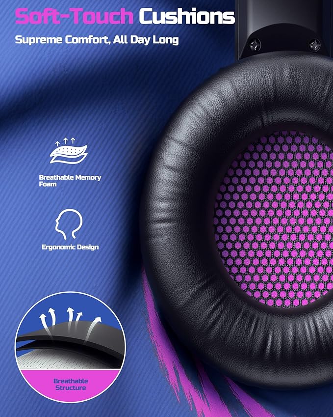 BINNUNE Wireless Gaming Headset — 2.4GHz Low-Latency USB Dongle + Bluetooth 50mm Drivers 7.1 Surround Noise-Cancelling Mic 40H Battery — Over Ear Wireless Headphones for PS5 PC Laptop Purple