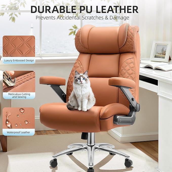 Office Chair 5D Flip Arm Ergonomic Desk Chair with Adjustable Lumbar Support for Back Pain Extra Wide 500LBS Comfy Big and Tall Office Chair Executive Leather Computer Game Chair for Heavy People