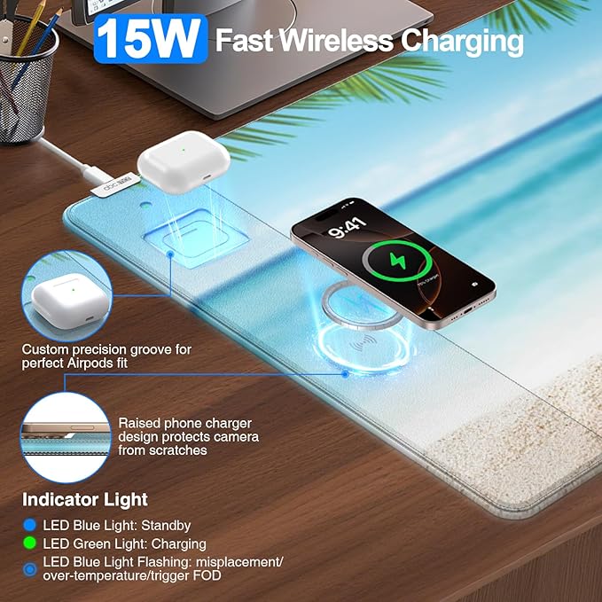 Wireless Charging Mouse Pad 31.5x15.8 Large Gaming Desk Mat for Keyboard/Laptop Waterproof Ultra-Smooth Surface Non-Slip Base with 20W PD Adapter Summer Beach