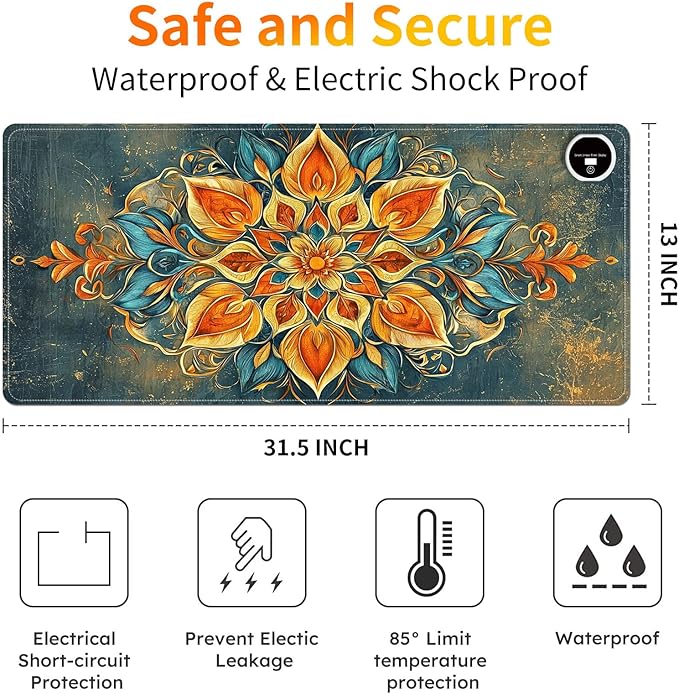 Heated Mouse Pad PU Leather Heated Desk Pad Fast Warm Desk mat with 3 Heating Levels 31.5 x 13 Mousepad for Home Office Gaming Mandala