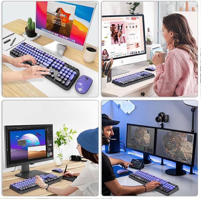 FOPETT Wireless Keyboard and Mouse Combo 104 Keys Full-Sized 2.4 GHz Round Keycap Colorful Keyboards USB Receiver Plug and Play for Windows Mac PC Laptop Desktop (GradientPurple)