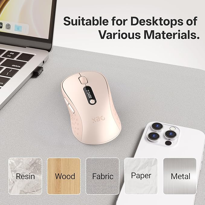 XBG B15pro Wireless Bluetooth Mouse Bluetooth 5.0/4.0 &amp 2.4G Tri-Mode Type-C Rechargeable with LED Screen Display Ergonomic Silent Click for Laptop/PC/Tablet Multi-Device &amp Office Use-Pink