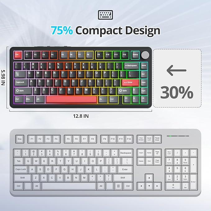 Fogruaden M75 Wireless Creamy 75% Mechanical Gaming Keyboard Hot Swappable Custom RGB Backlit Gasket Pre-lubed Linear White Switches Bluetooth/2.4GHz/USB-C Five-Layer Pad&ampKnob