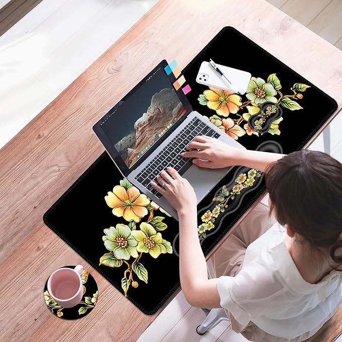 Mouse PadLarge Desk Mat Set 4in1 XL Mousepad + Keyboard Wrist Rest+Mouse Wrist Rest+Coaster with Ergonomic Desk Pad for Home Office Table Computer Cover -Vintage Floral Butterfly