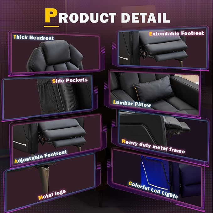 Gaming Recliner Chair with LED Lights Racing Style Big and Tall PU Leather Gaming Chair for Adults Lumbar Support Modern Ergonomic Home Theater Seating for Living Room (Black Ste of 2)