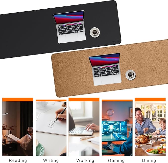 Mydours 70.9x19.7 Black Desk Pad - Premium Dual-Sided PU Leather &amp Cork Design for Home and Office Ultra-Wide Mouse Mat with Smooth Gaming Surface Protects Desks from Heat Ink &amp Liquid Sp