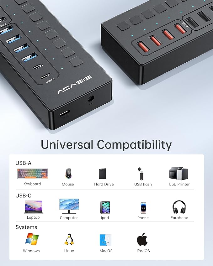 Powered USB 3.0 Hub ACASIS 16 Port USB Hub Powered(Include 2*USB C 3.0+4 Smart Charging Port) with 60W Power Adapter Support Wall Mount USB Hub for PC Laptop Mac Printer Camera