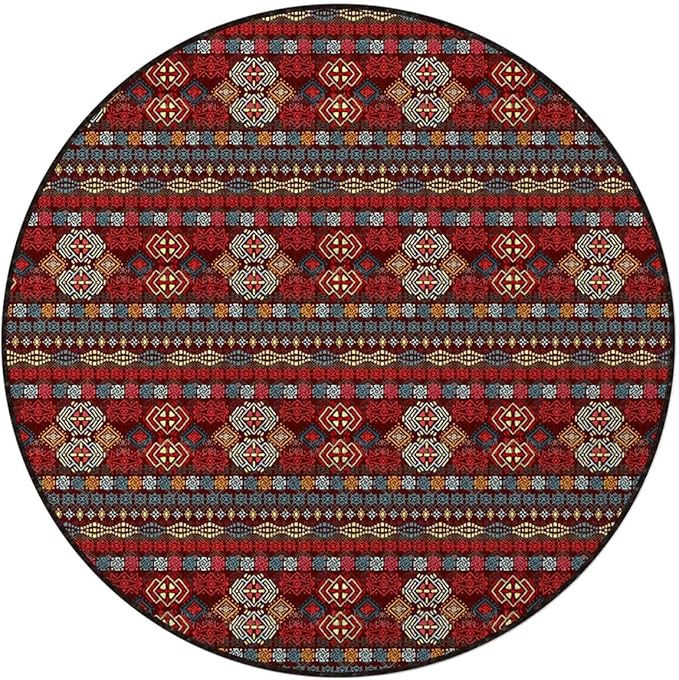 Dark Coral Blush White Round RugCircle RugFarmhouse Distressed Non Slip Area Rug Round Rugs for Living Room Kitchen Bedroom Bathroom Abstract Geometric Pattern Diameter 39.4 in
