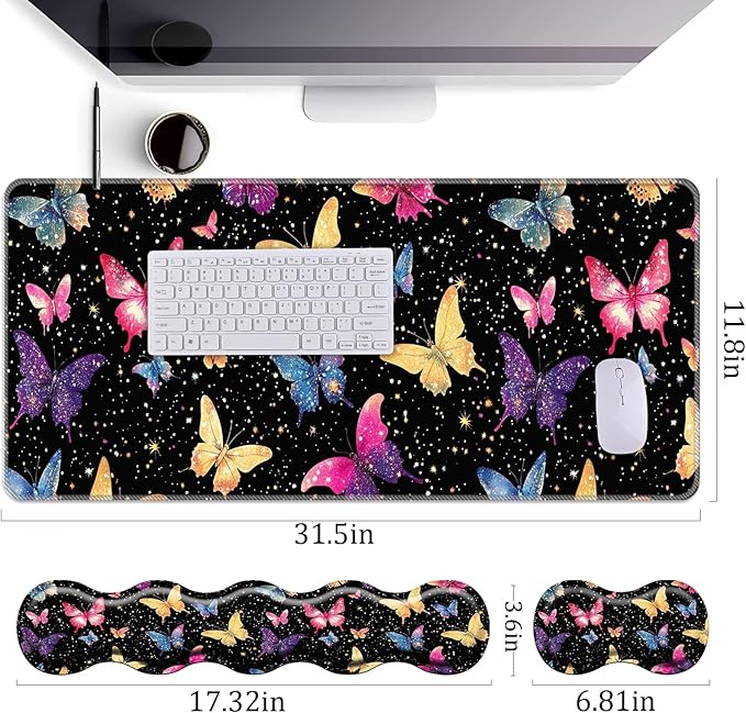 Keyboard Wrist Rest+Mouse Wrist Pad+Desk Pad SetMemory Foam Ergonomic Easy Typing Pain Relief for Computer Laptop Office Home - Butterfly