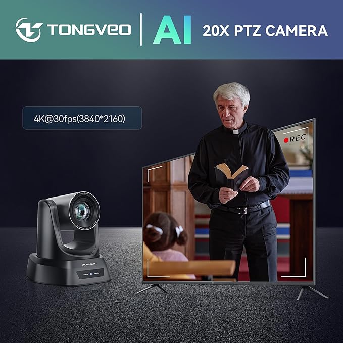 TONGVEO Conference Room PTZ Camera System with 20X Optical Zoom AI Auto Tracking 1080P 60fps HDMI USB Webcam for Church Streaming Online Video ConferenceCompatible with Zoom OBS Easy Setup