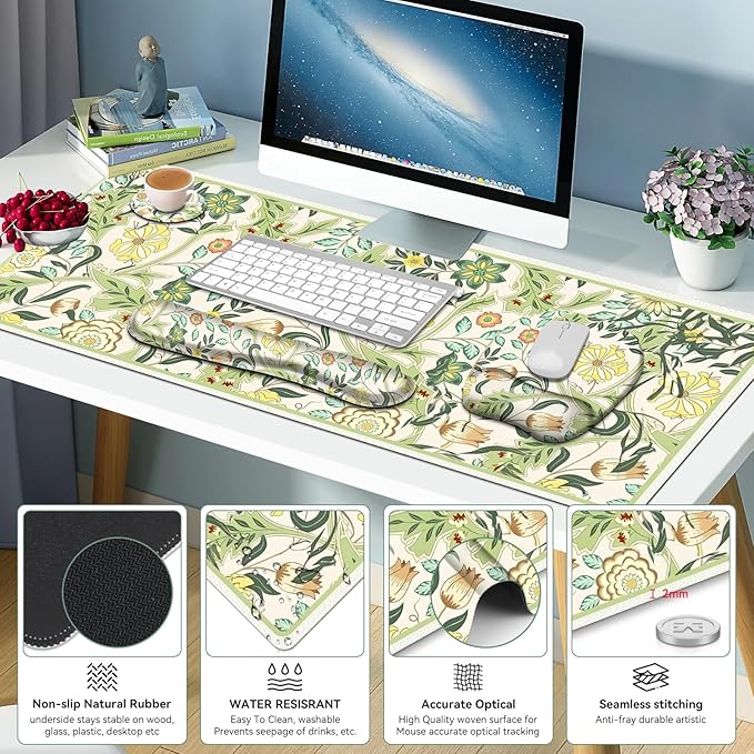 4 in 1 Large Mouse Pad Keyboard Wrist Rest Set Ergonomic Mouse Pad with Wrist Support Desk Mat with Stitched Edges Extended Desk Pad Waterproof Desk Mat for Home Office Game I Green Flower Plants