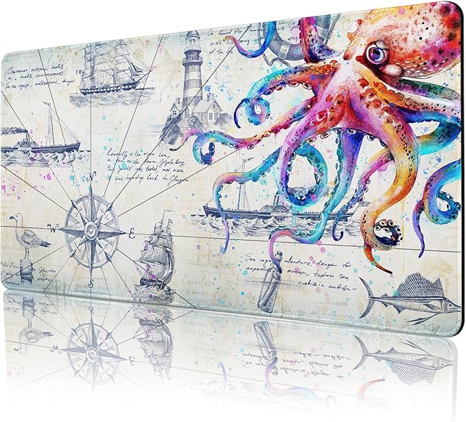 Large Gaming Pad Desk Mat for Desktop Big Computer Pad Grey Desk Pad Computer Desk Mat for Keyboard Cool Non-Slip Gaming Mat for Men Boys 35.4x15.7 Octopus