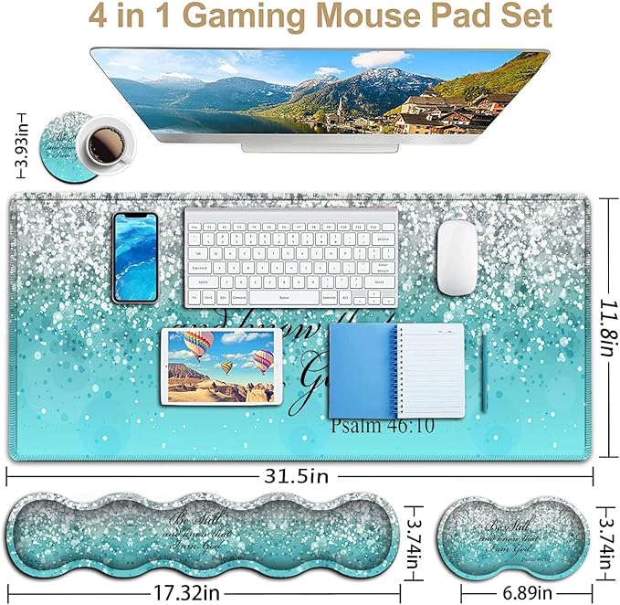 Keyboard Mouse Pad SetExtended Gaming Mouse Pad + Memory Foam Keyboard Wrist Rest Support Psalm 46-10 Blue Glitter Office Desk Mat Writing Pad Easy Typing Pain ReliefXXL Large Mousepad Desk Mat