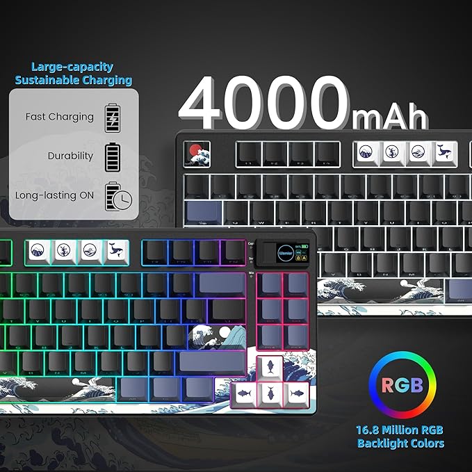 Womier 75% Wireless Mechanical Keyboard with Color Multimedia Screen Anime Gaming Creamy Keyboard 3-Modes Hot Swappable Kanagawa Theme Key Board w/Wrist Rest Gasket RGB Custom for Mac/Win (SK80 PRO)