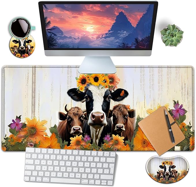 Large Mouse Pad with Mouse Wrist Rest 31.5x11.8 in Extended Mouse Mat Non-Slip PU Base Ergonomic Memory Foam Wrist Rest for Work &amp Gaming Writing Pad Sunflowers Farmhouse Cow Office Desk Pad