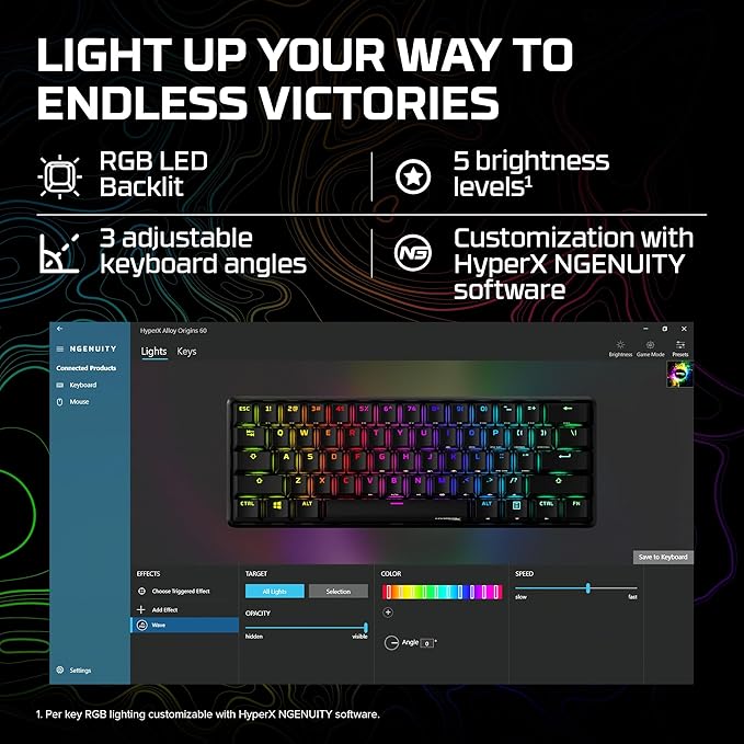 HyperX Alloy Origins 60 - Mechanical Gaming Keyboard - Ultra Compact 60% Form Factor - Tactile Aqua Switch - Double Shot PBT Keycaps - RGB LED Backlit - NGENUITY Software CompatibleBlack