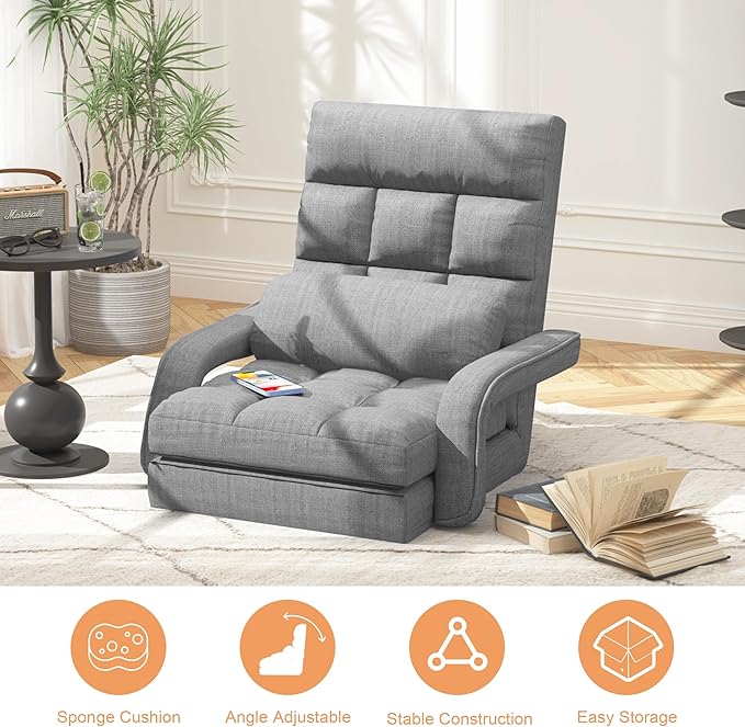 Floor Gaming Chair with 6 Adjustable Position Foldable Lazy Sofa Chair with Armrest for Adult Comfy Chaise Lounge Indoor Breathable Floor Bed Sleeper for Bedroom Yoga Dorm