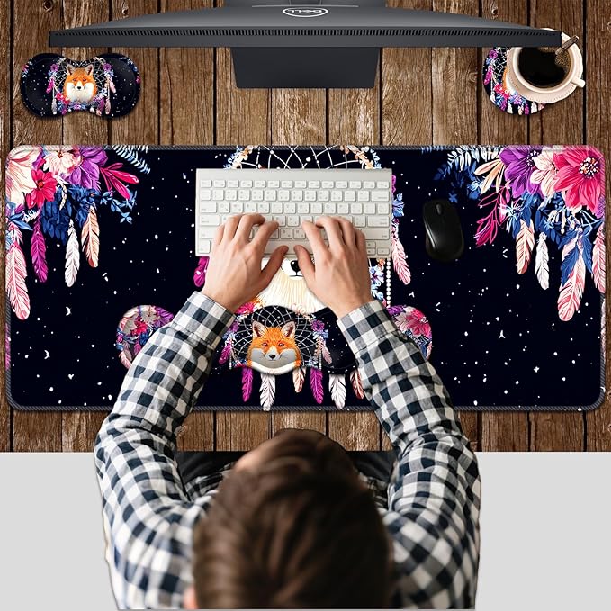 Ergonomic Keyboard Wrist Rest &amp Mouse Pad Wrist Rest SetXL Gaming Desk Mat 31.5x 11.8Non-Slip BaseMemory FoamEasy Typing Pain Relief for Office &amp HomeFox in Floral Dreamcatcher
