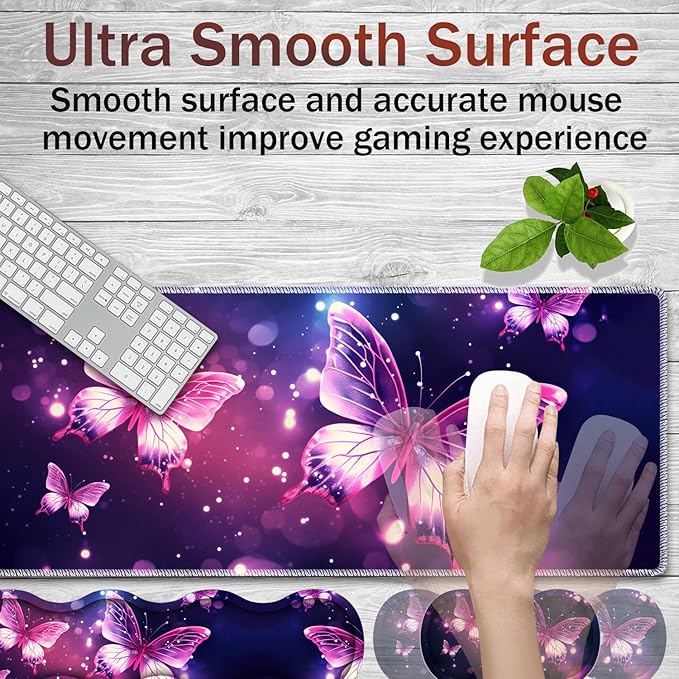 Gaming Mouse Pad Set Large Gaming Mouse Pad+Keyboard Wrist Rest+Mouse Wrist Rest+Coaster Easy Typing Pain Relief 31.5 × 11.8 inch Desk Mat for Home Office - Pink Purple Butterfly