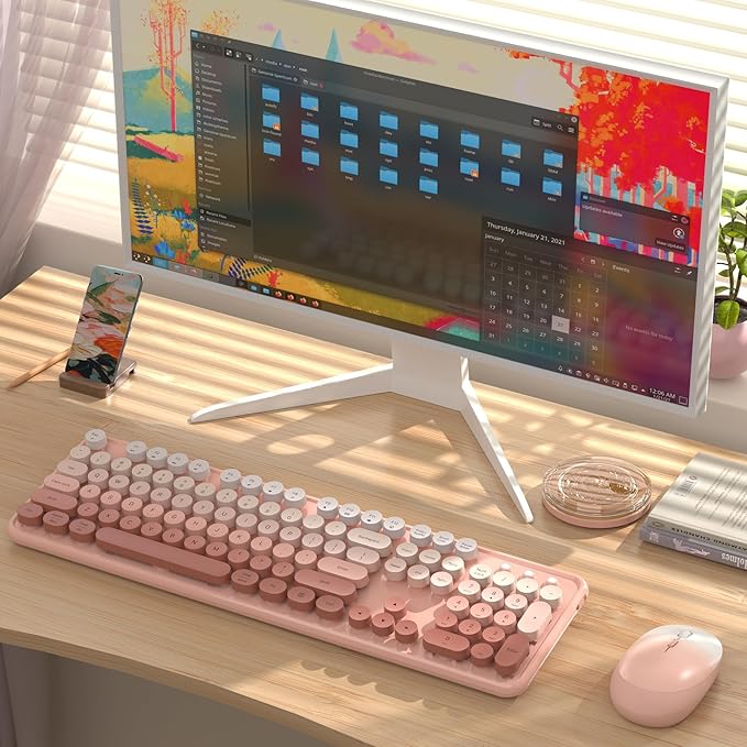 Colorful Wireless Keyboard and Mouse Combo COVEVA 2.4GHz Wireless Retro Cute Round Keycaps Keyboard 104 Keys Full-Sized Keyboard Mouse Set with Switch Button for PC Laptop Desktop (Rose Gradient)
